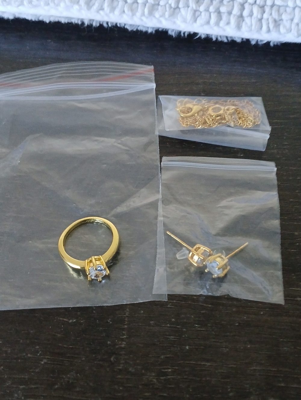 Gold Tone Solitaire Ring and Stud Earrings Set with Clear Stones
